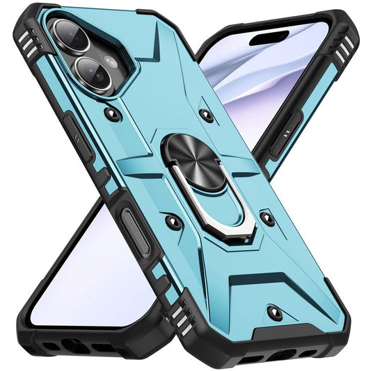 For iPhone 16 Plus Case PC+ TPU Anti-Drop Phone Cover with Ring Kickstand - Baby Blue