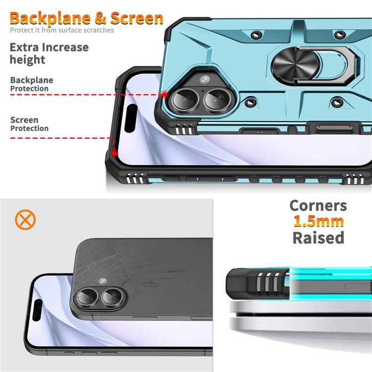 For iPhone 16 Plus Case PC+ TPU Anti-Drop Phone Cover with Ring Kickstand - Baby Blue