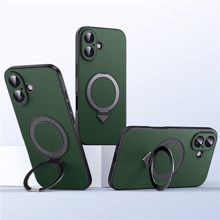 For iPhone 16 Case Compatible with MagSafe Genuine Cow Leather+PC Kickstand Phone Cover - Green