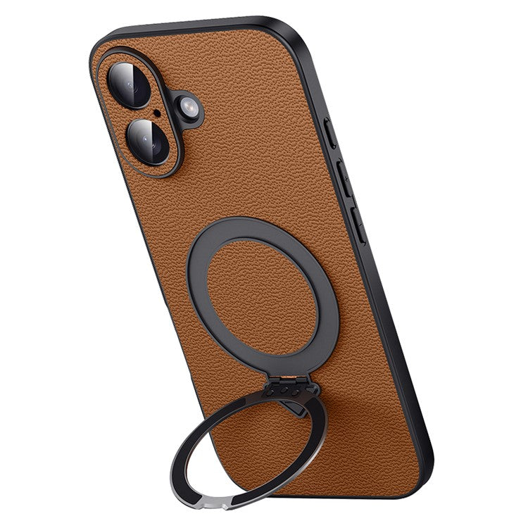 For iPhone 16 Plus Case Compatible with MagSafe Genuine Cow Leather+PC Kickstand Phone Cover - Brown