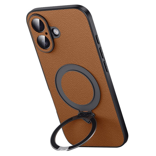 For iPhone 16 Plus Case Compatible with MagSafe Genuine Cow Leather+PC Kickstand Phone Cover - Brown