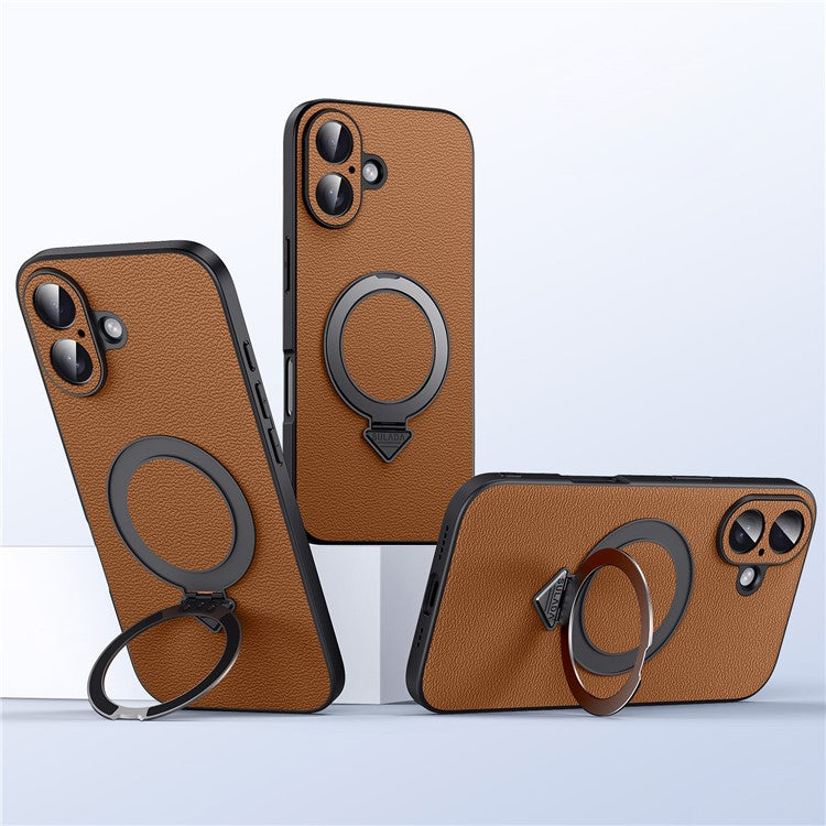 For iPhone 16 Plus Case Compatible with MagSafe Genuine Cow Leather+PC Kickstand Phone Cover - Brown