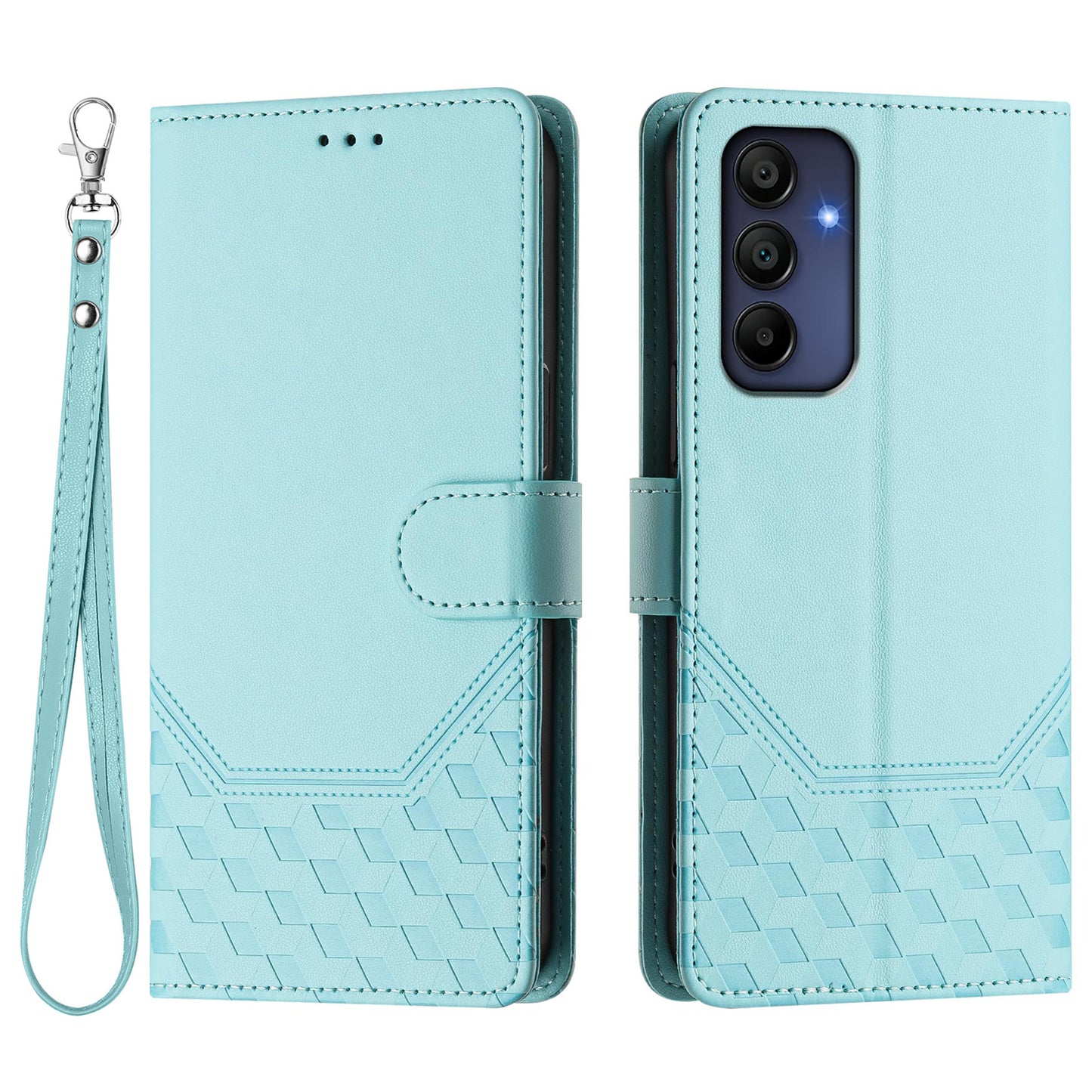 For Samsung Galaxy A16 5G / A16 4G Case Imprinted Honeycomb RFID Blocking Leather Phone Cover with Strap - Mint Green