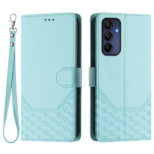 For Samsung Galaxy A16 5G / A16 4G Case Imprinted Honeycomb RFID Blocking Leather Phone Cover with Strap - Mint Green