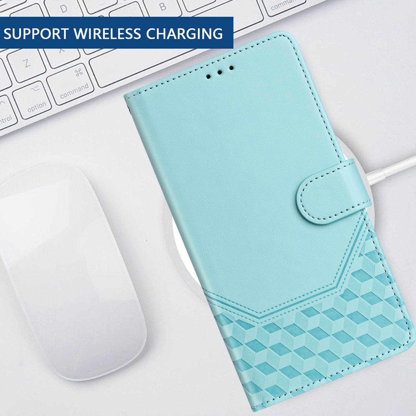 For Samsung Galaxy A16 5G / A16 4G Case Imprinted Honeycomb RFID Blocking Leather Phone Cover with Strap - Mint Green