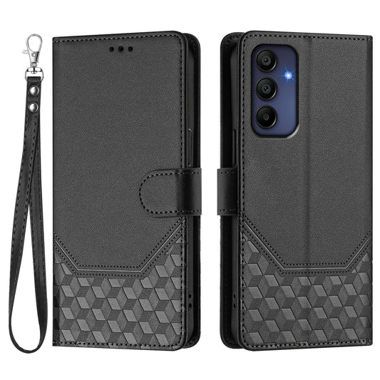 For Samsung Galaxy A16 5G / A16 4G Case Imprinted Honeycomb RFID Blocking Leather Phone Cover with Strap - Black