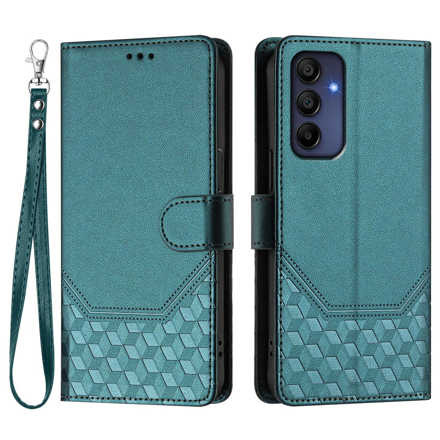 For Samsung Galaxy A16 5G / A16 4G Case Imprinted Honeycomb RFID Blocking Leather Phone Cover with Strap - Green