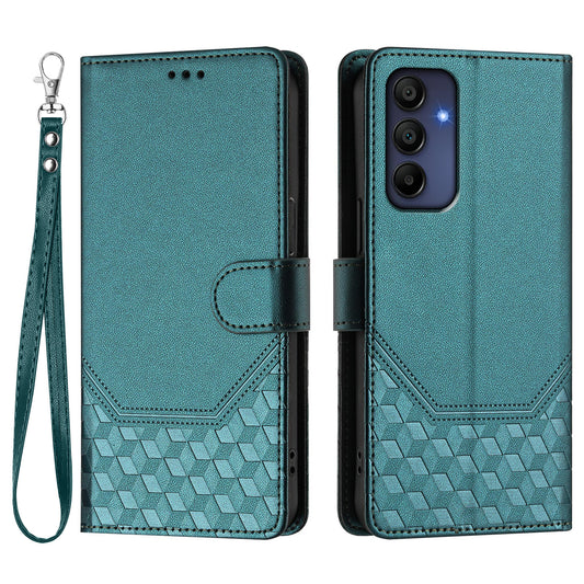 For Samsung Galaxy A16 5G / A16 4G Case Imprinted Honeycomb RFID Blocking Leather Phone Cover with Strap - Green