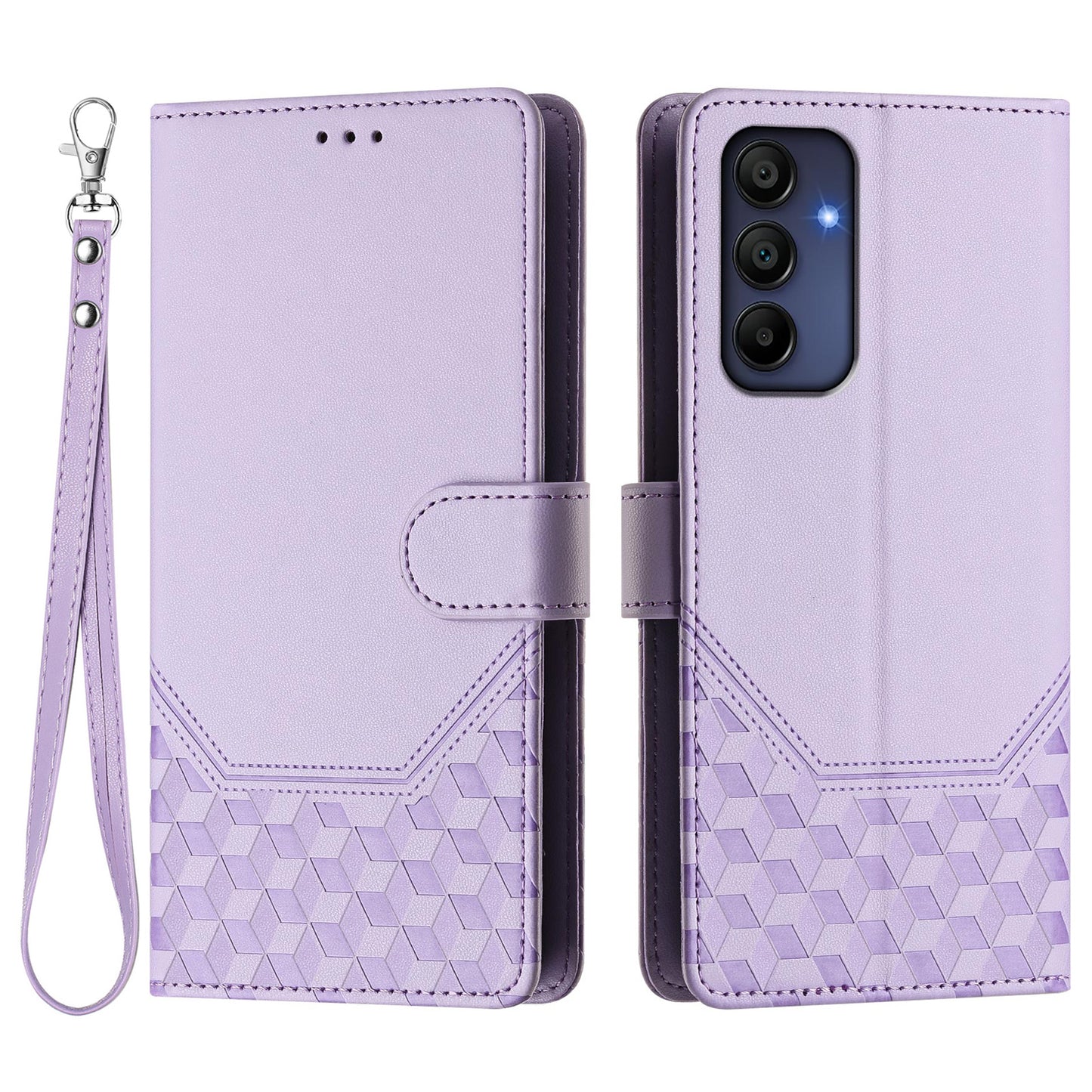 For Samsung Galaxy A16 5G / A16 4G Case Imprinted Honeycomb RFID Blocking Leather Phone Cover with Strap - Light Purple