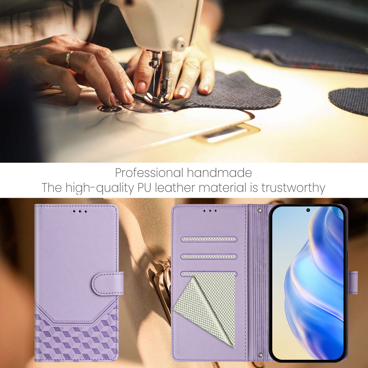 For Samsung Galaxy A16 5G / A16 4G Case Imprinted Honeycomb RFID Blocking Leather Phone Cover with Strap - Light Purple
