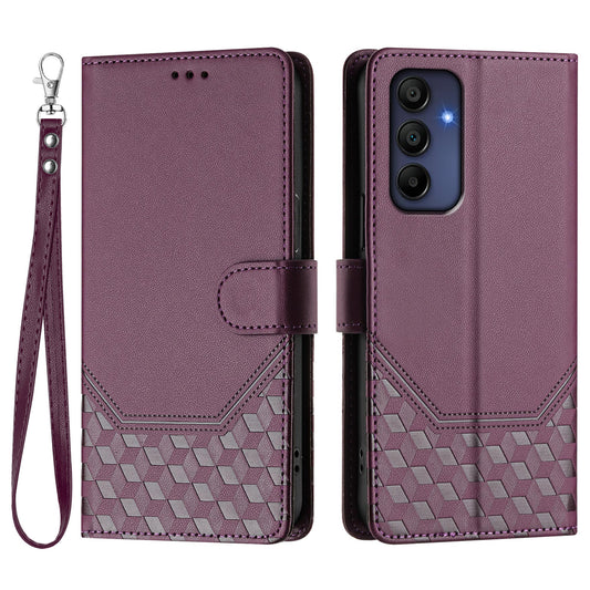 For Samsung Galaxy A16 5G / A16 4G Case Imprinted Honeycomb RFID Blocking Leather Phone Cover with Strap - Dark Purple