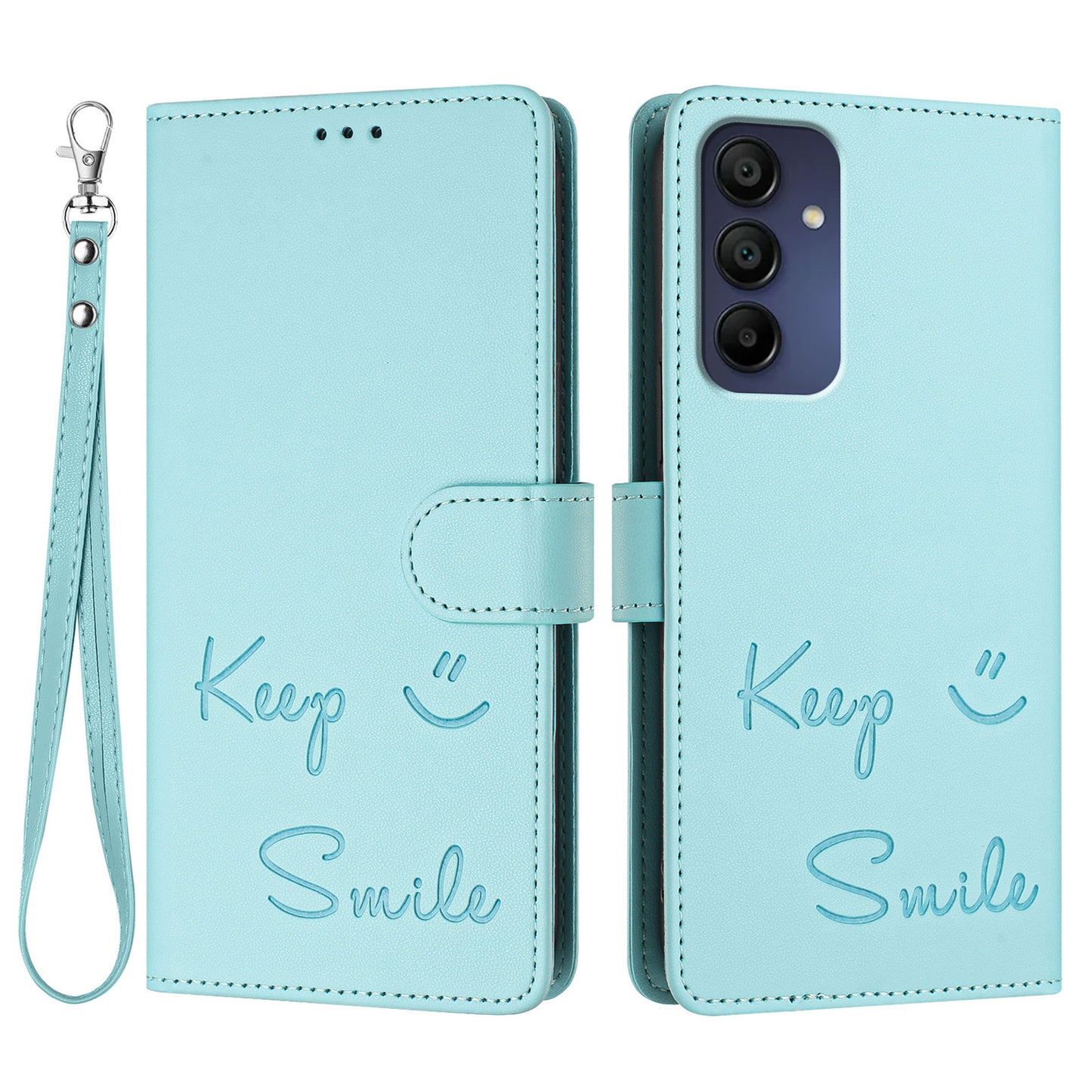 For Samsung Galaxy A16 5G / A16 4G Case Smile Imprinted RFID Blocking Leather Phone Cover with Strap - Mint Green