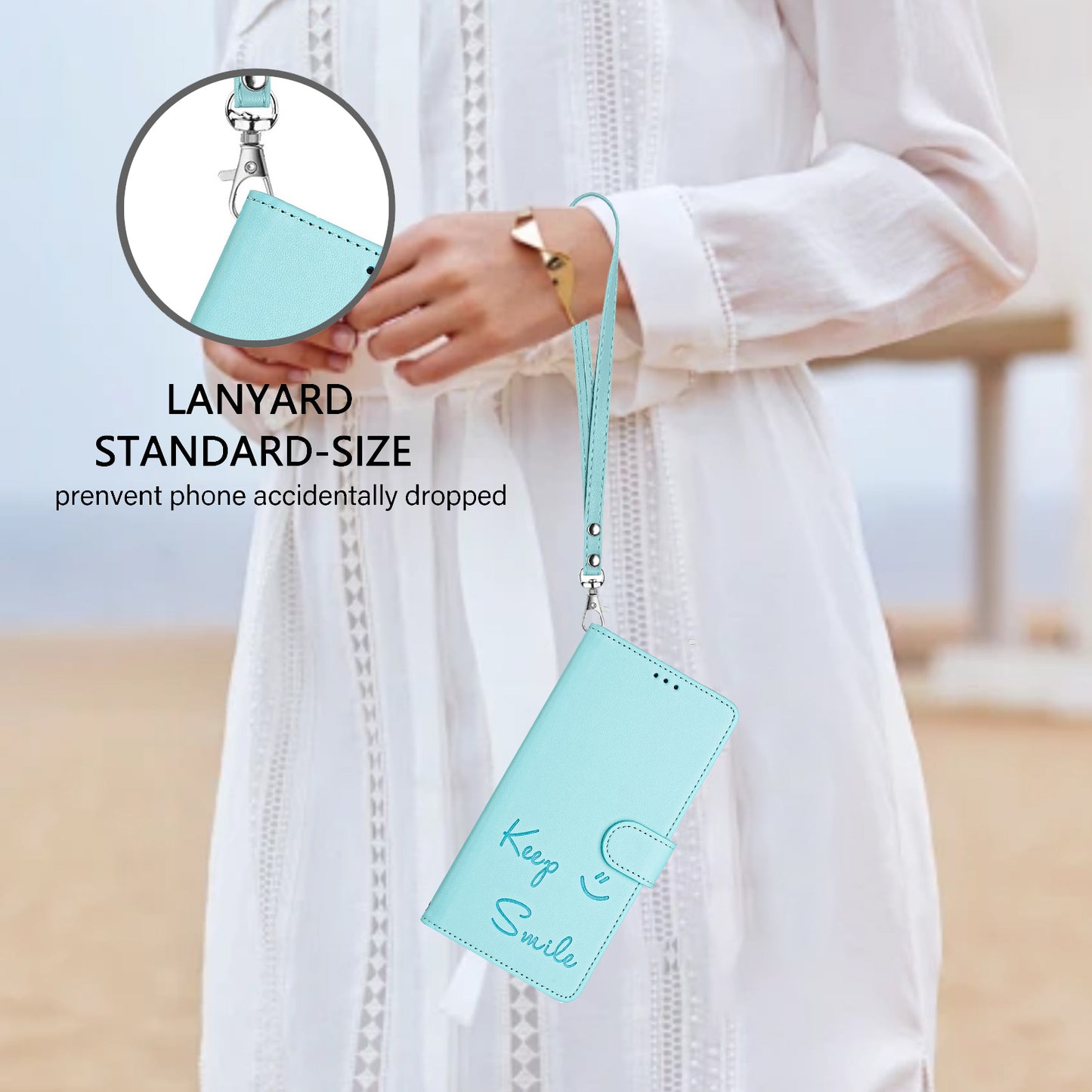 For Samsung Galaxy A16 5G / A16 4G Case Smile Imprinted RFID Blocking Leather Phone Cover with Strap - Mint Green