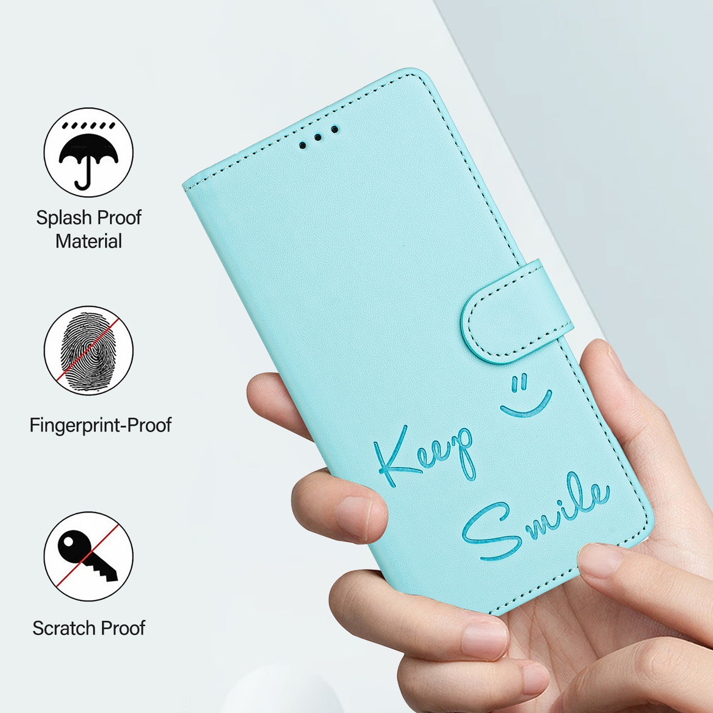 For Samsung Galaxy A16 5G / A16 4G Case Smile Imprinted RFID Blocking Leather Phone Cover with Strap - Mint Green