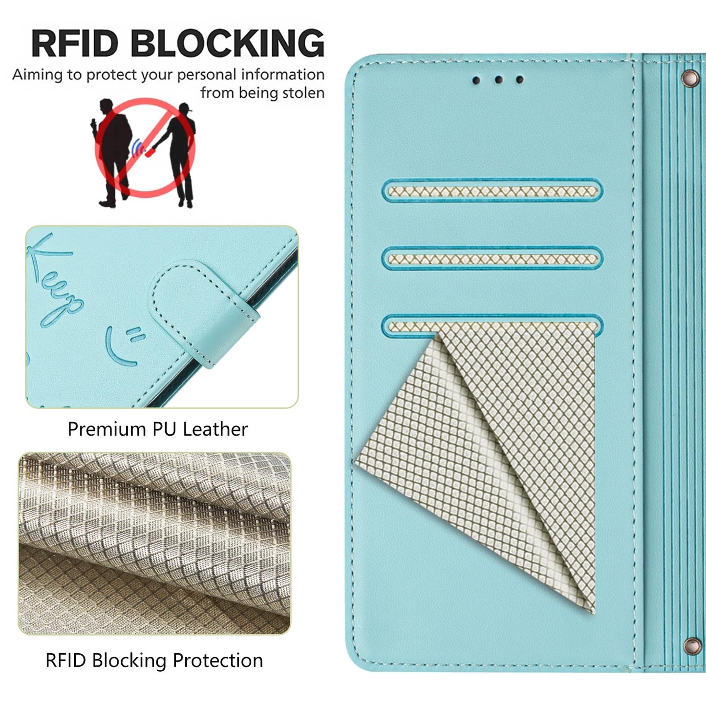 For Samsung Galaxy A16 5G / A16 4G Case Smile Imprinted RFID Blocking Leather Phone Cover with Strap - Mint Green