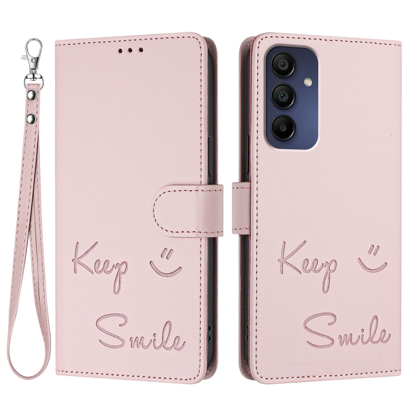 For Samsung Galaxy A16 5G / A16 4G Case Smile Imprinted RFID Blocking Leather Phone Cover with Strap - Pink