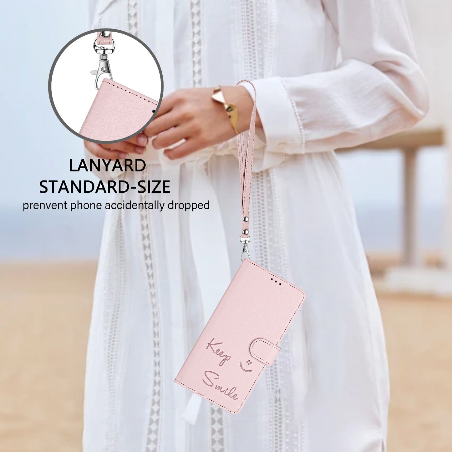 For Samsung Galaxy A16 5G / A16 4G Case Smile Imprinted RFID Blocking Leather Phone Cover with Strap - Pink