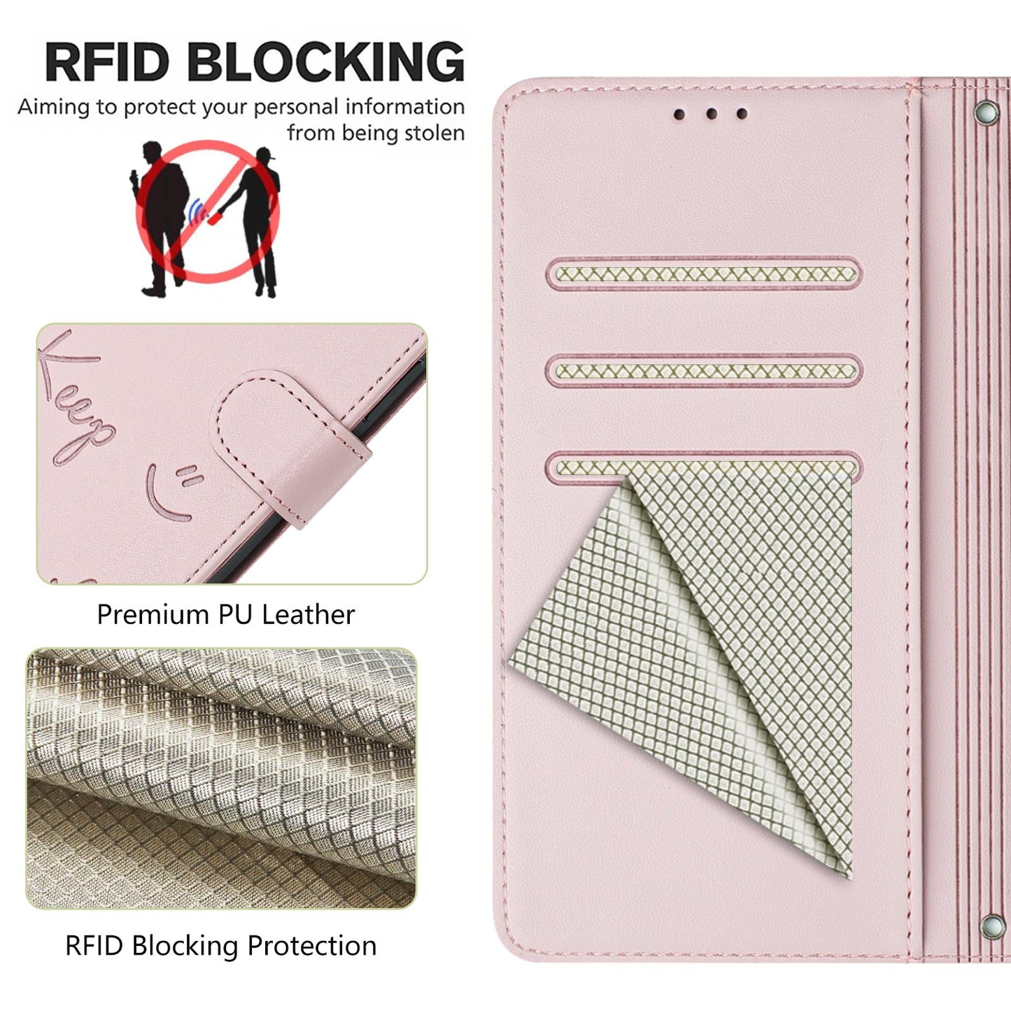 For Samsung Galaxy A16 5G / A16 4G Case Smile Imprinted RFID Blocking Leather Phone Cover with Strap - Pink
