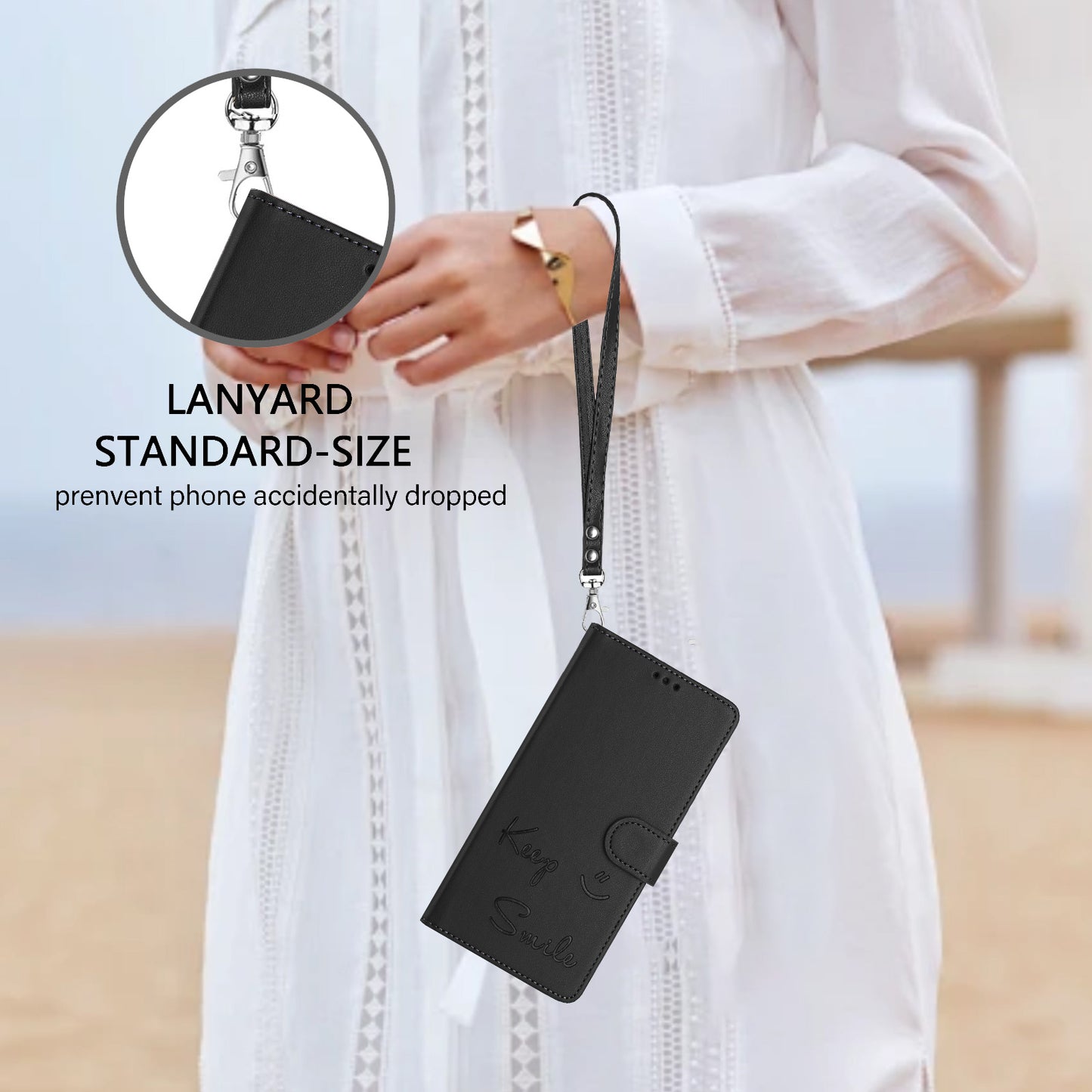 For Samsung Galaxy A16 5G / A16 4G Case Smile Imprinted RFID Blocking Leather Phone Cover with Strap - Black