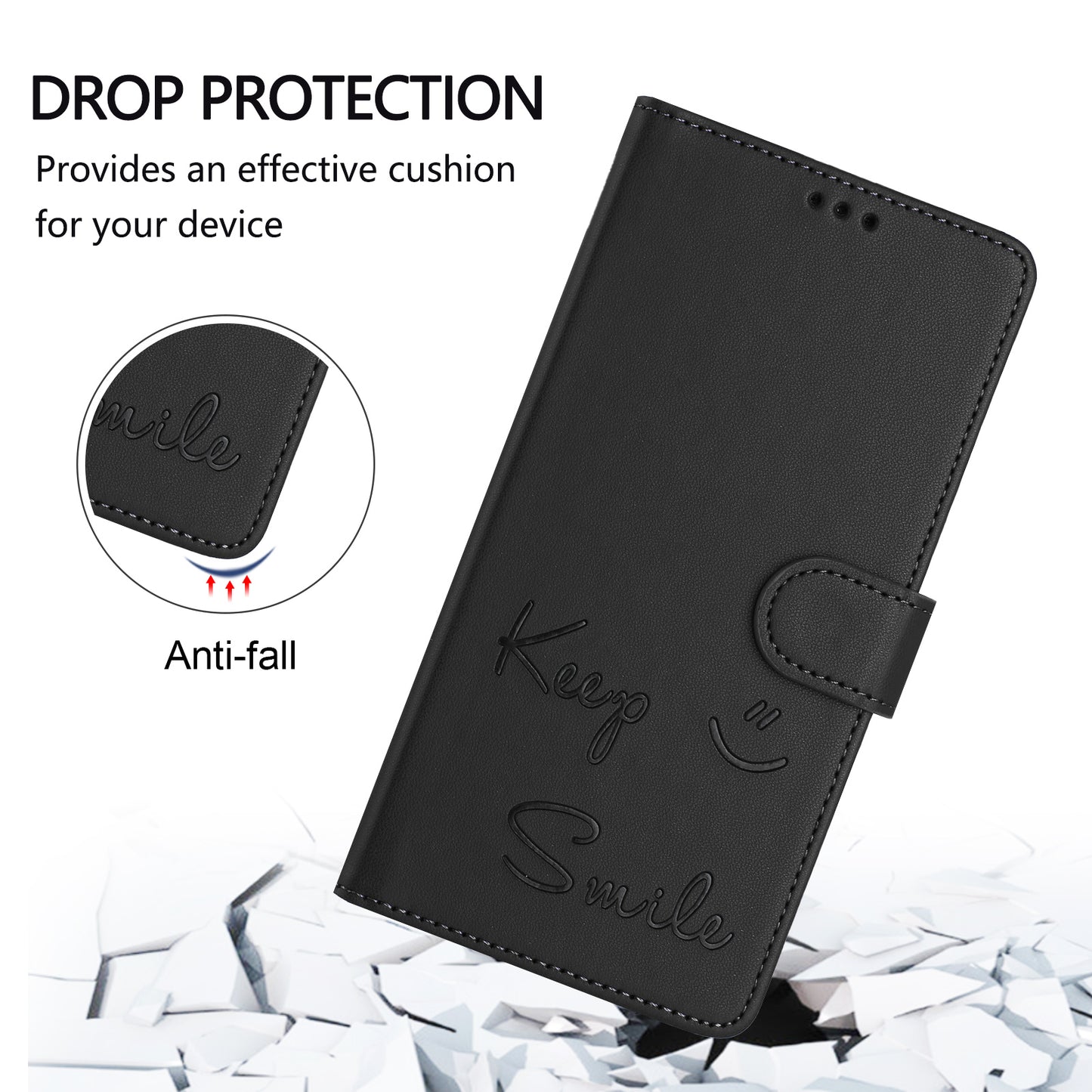 For Samsung Galaxy A16 5G / A16 4G Case Smile Imprinted RFID Blocking Leather Phone Cover with Strap - Black