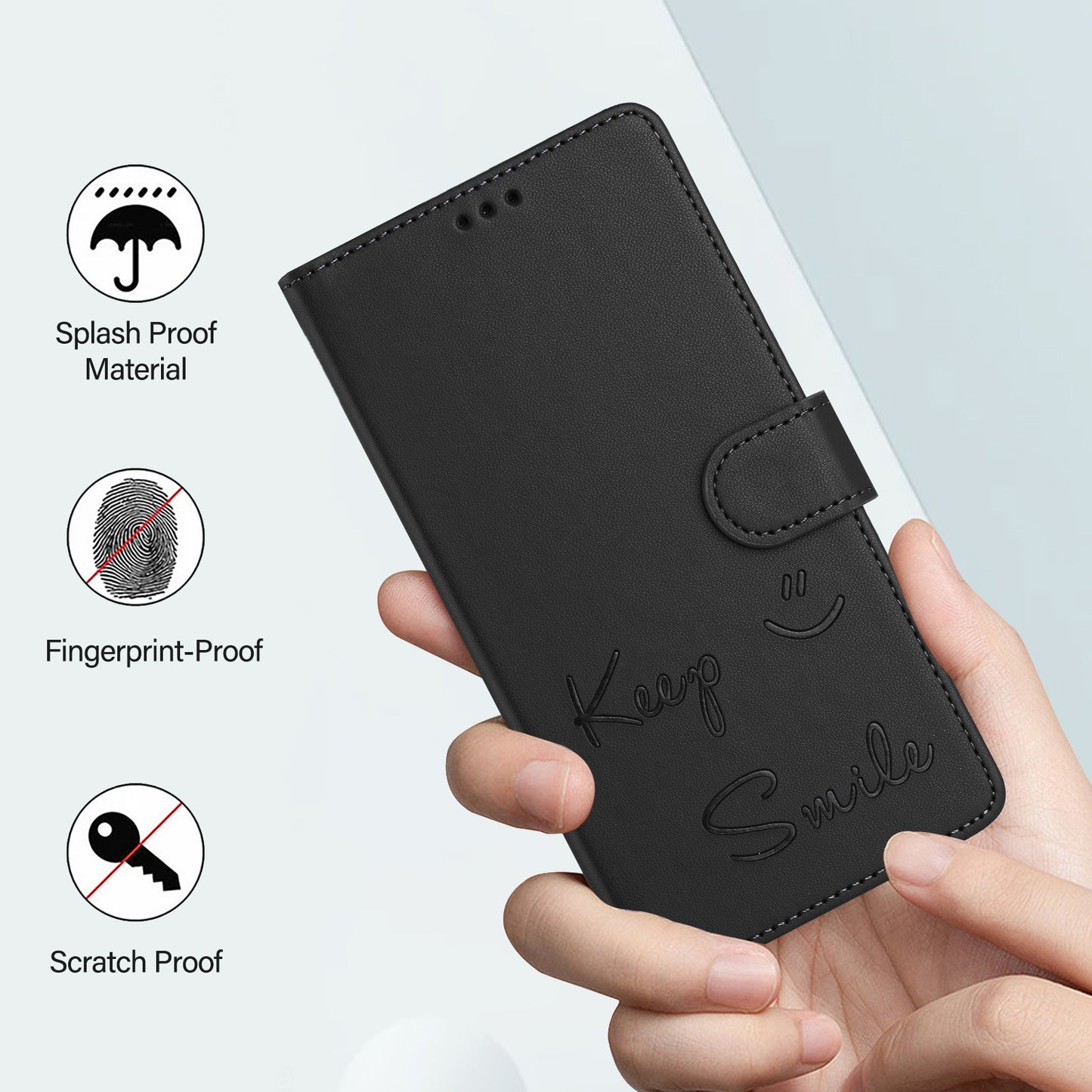 For Samsung Galaxy A16 5G / A16 4G Case Smile Imprinted RFID Blocking Leather Phone Cover with Strap - Black