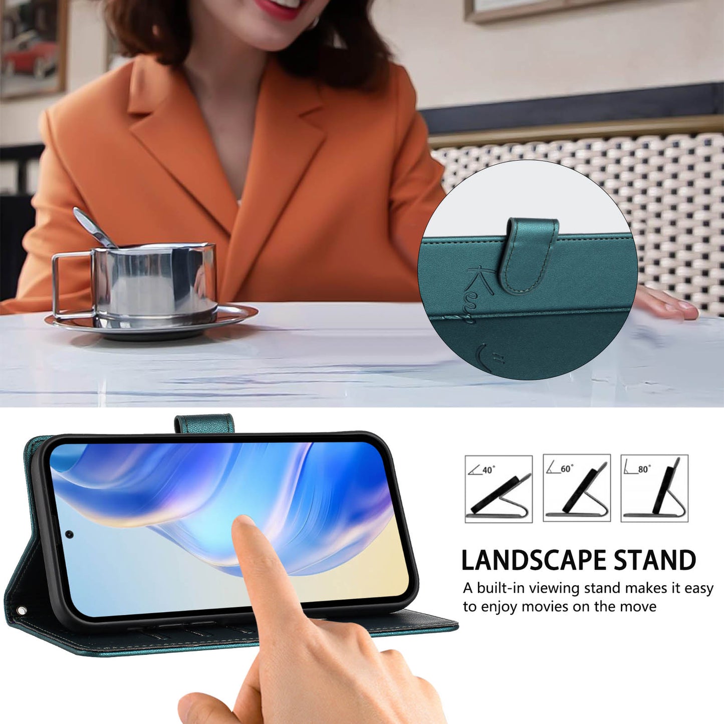 For Samsung Galaxy A16 5G / A16 4G Case Smile Imprinted RFID Blocking Leather Phone Cover with Strap - Green