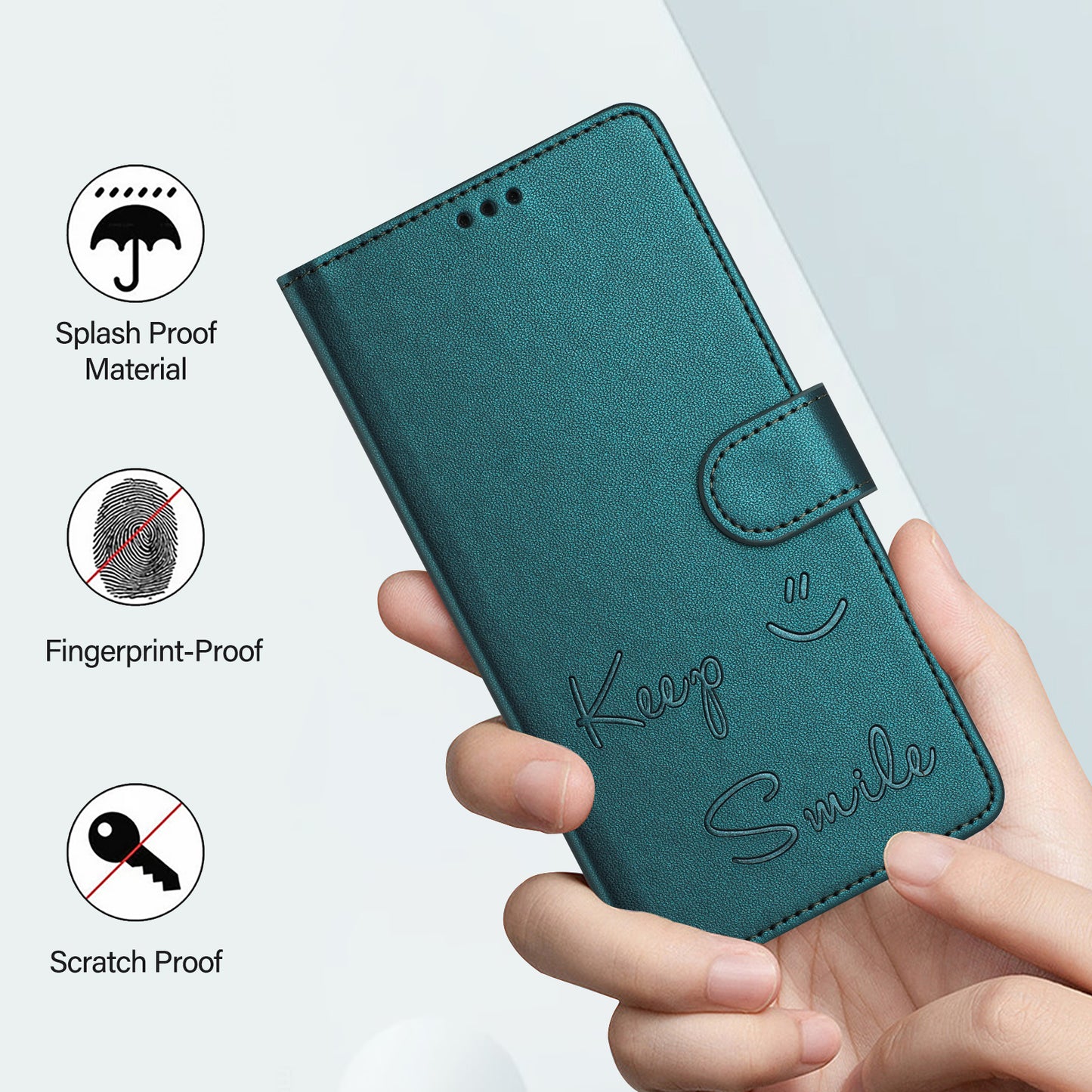 For Samsung Galaxy A16 5G / A16 4G Case Smile Imprinted RFID Blocking Leather Phone Cover with Strap - Green