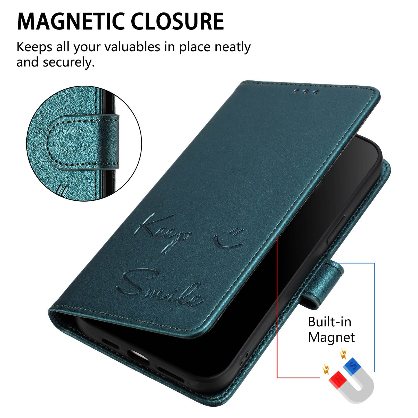 For Samsung Galaxy A16 5G / A16 4G Case Smile Imprinted RFID Blocking Leather Phone Cover with Strap - Green