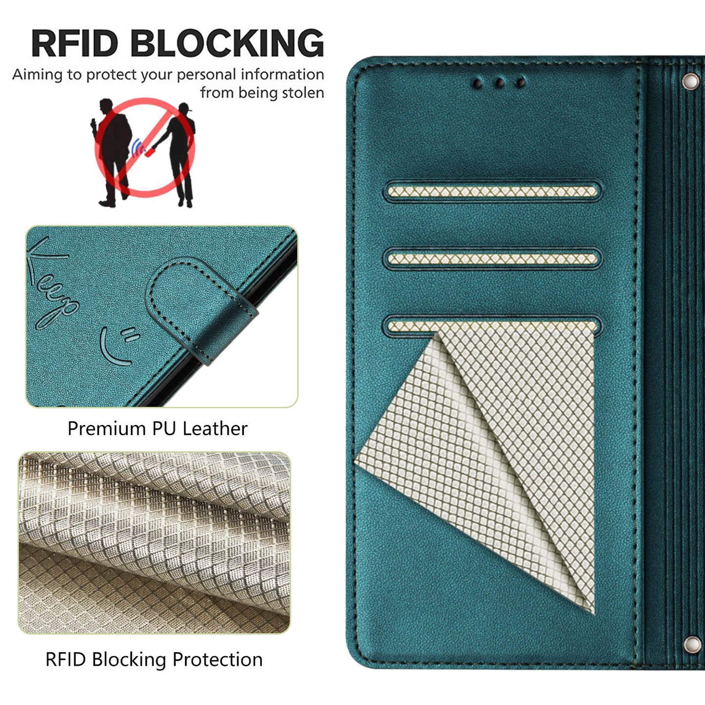 For Samsung Galaxy A16 5G / A16 4G Case Smile Imprinted RFID Blocking Leather Phone Cover with Strap - Green