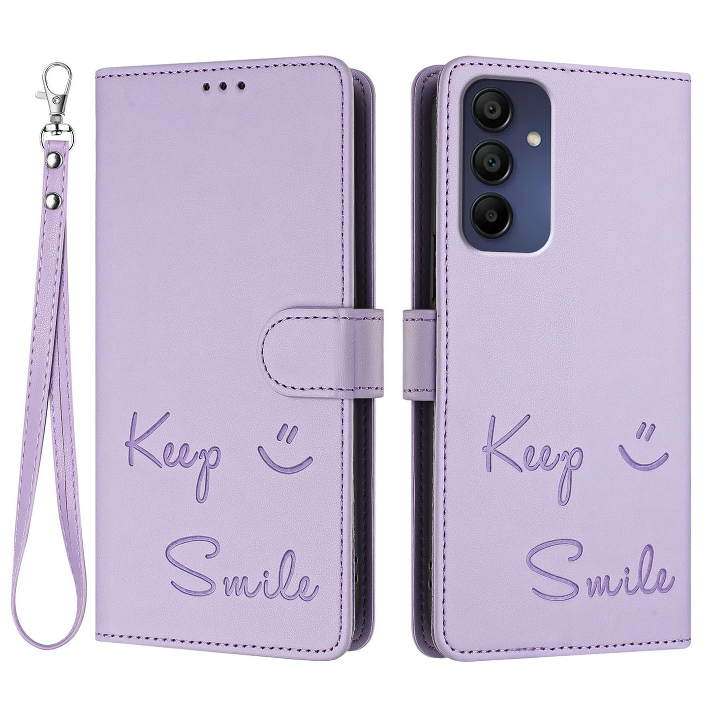 For Samsung Galaxy A16 5G / A16 4G Case Smile Imprinted RFID Blocking Leather Phone Cover with Strap - Light Purple