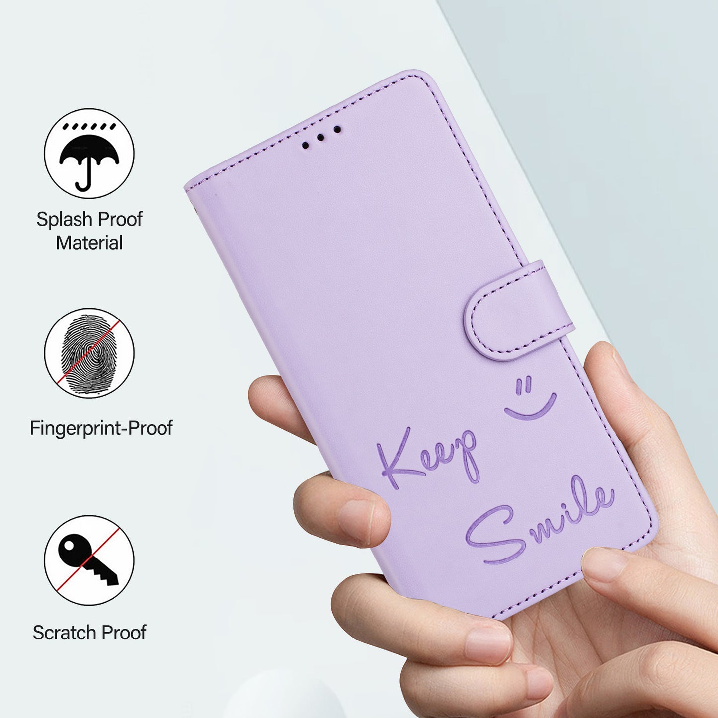 For Samsung Galaxy A16 5G / A16 4G Case Smile Imprinted RFID Blocking Leather Phone Cover with Strap - Light Purple