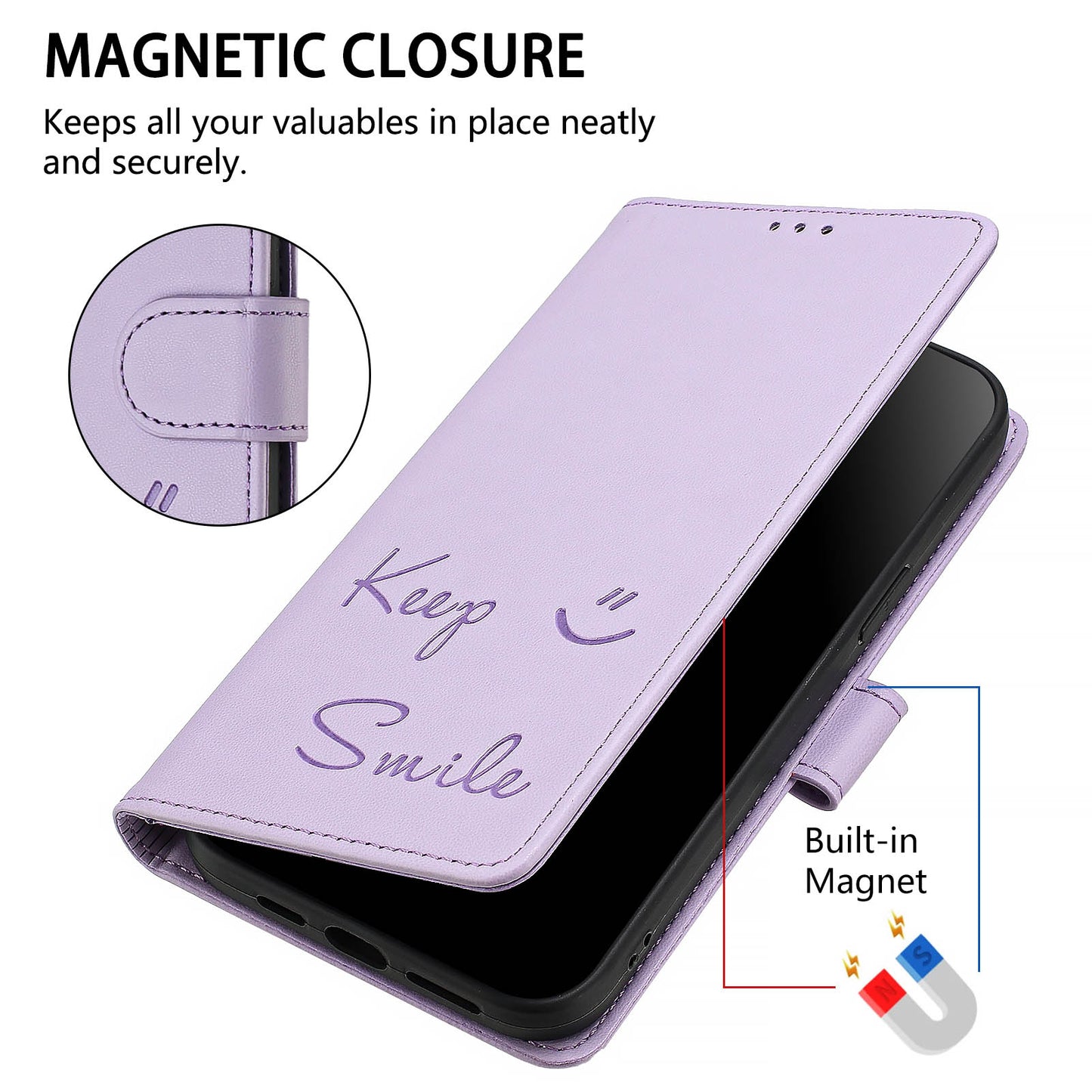For Samsung Galaxy A16 5G / A16 4G Case Smile Imprinted RFID Blocking Leather Phone Cover with Strap - Light Purple