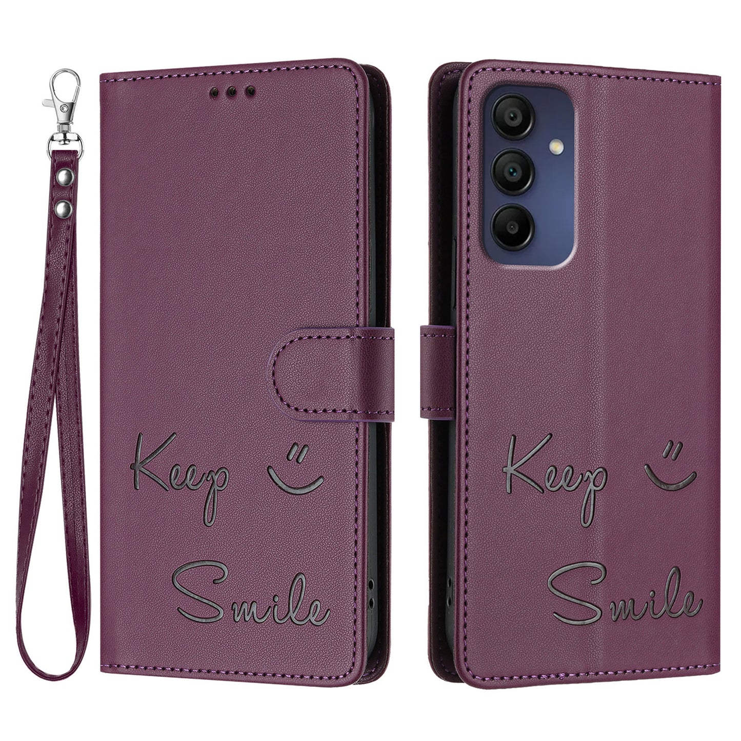 For Samsung Galaxy A16 5G / A16 4G Case Smile Imprinted RFID Blocking Leather Phone Cover with Strap - Dark Purple