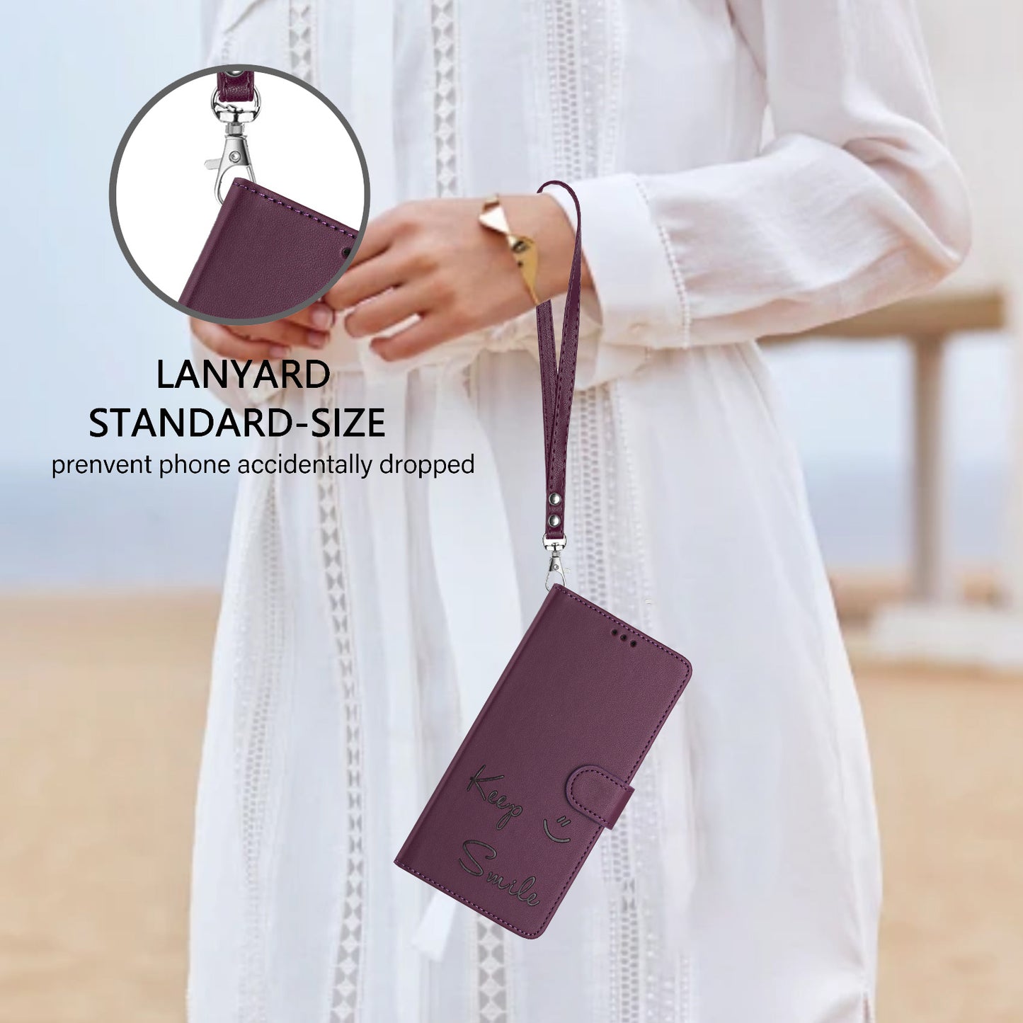 For Samsung Galaxy A16 5G / A16 4G Case Smile Imprinted RFID Blocking Leather Phone Cover with Strap - Dark Purple