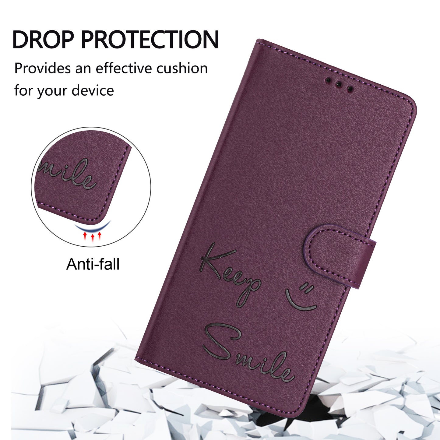 For Samsung Galaxy A16 5G / A16 4G Case Smile Imprinted RFID Blocking Leather Phone Cover with Strap - Dark Purple