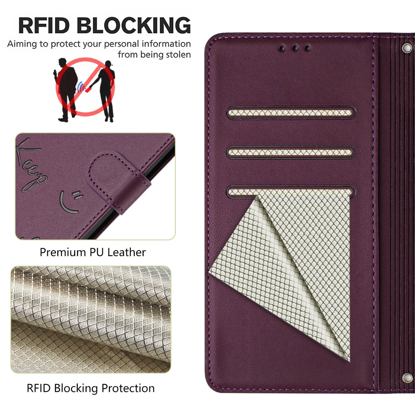For Samsung Galaxy A16 5G / A16 4G Case Smile Imprinted RFID Blocking Leather Phone Cover with Strap - Dark Purple