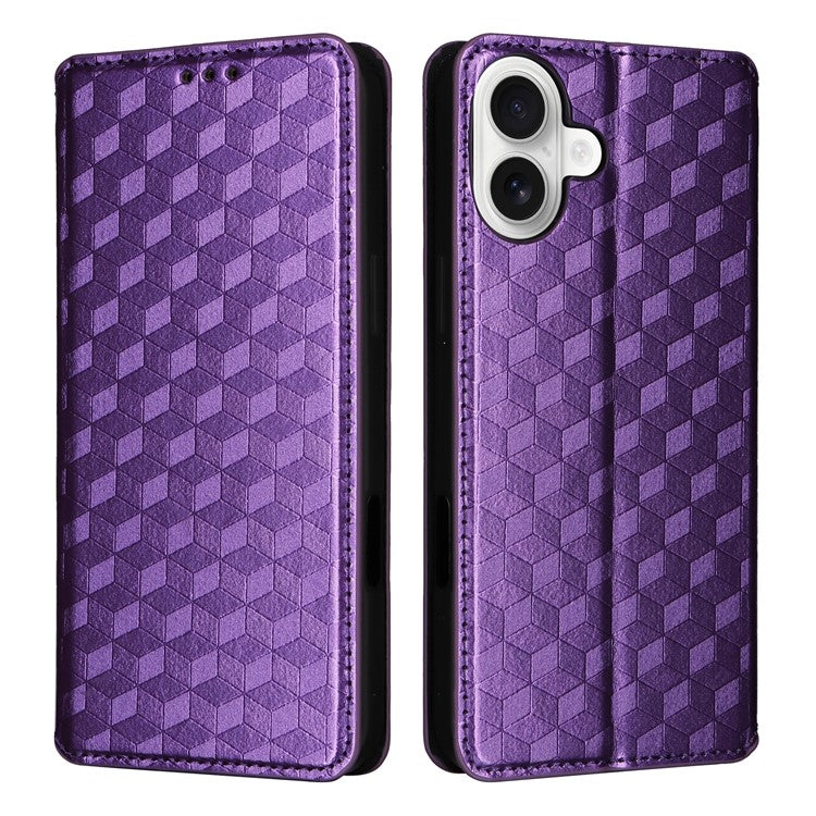 For iPhone 16 Plus Wallet Case Rhombus Imprinted Leather Phone Cover - Purple