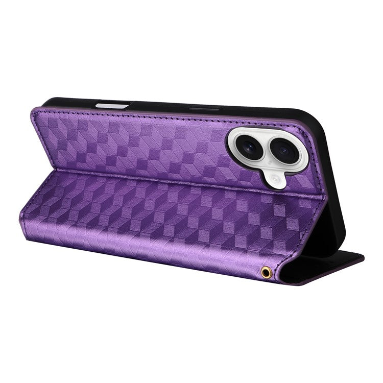 For iPhone 16 Plus Wallet Case Rhombus Imprinted Leather Phone Cover - Purple