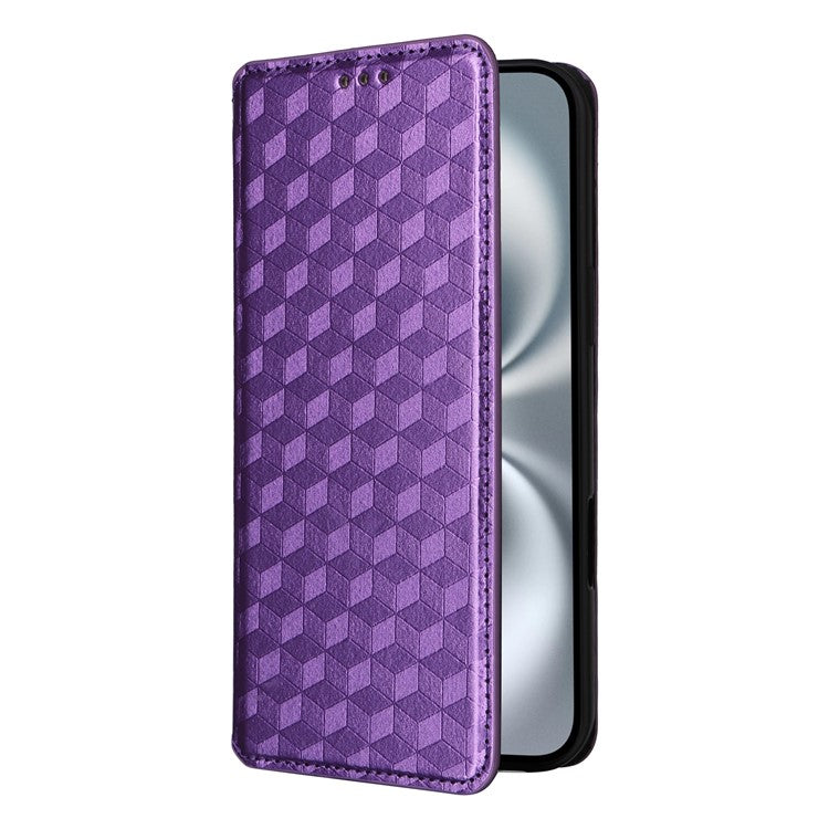For iPhone 16 Plus Wallet Case Rhombus Imprinted Leather Phone Cover - Purple