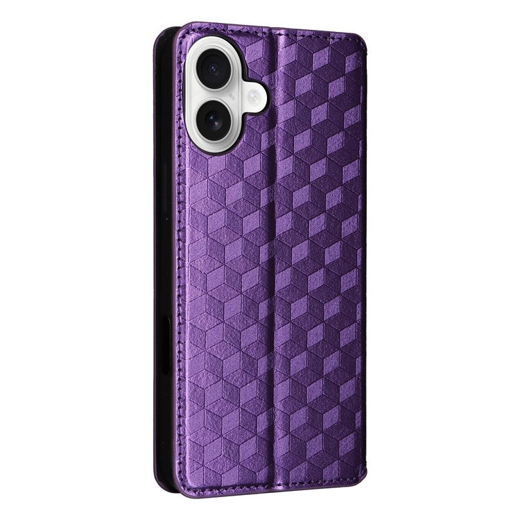 For iPhone 16 Plus Wallet Case Rhombus Imprinted Leather Phone Cover - Purple