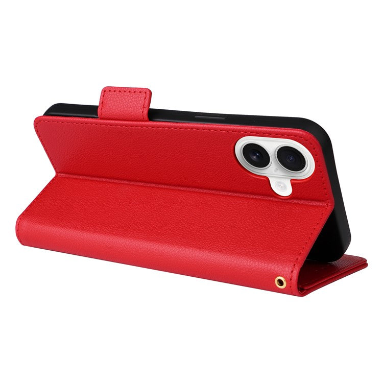 For iPhone 16 Case Litchi Texture PU Leather Wallet Flip Phone Cover - Red