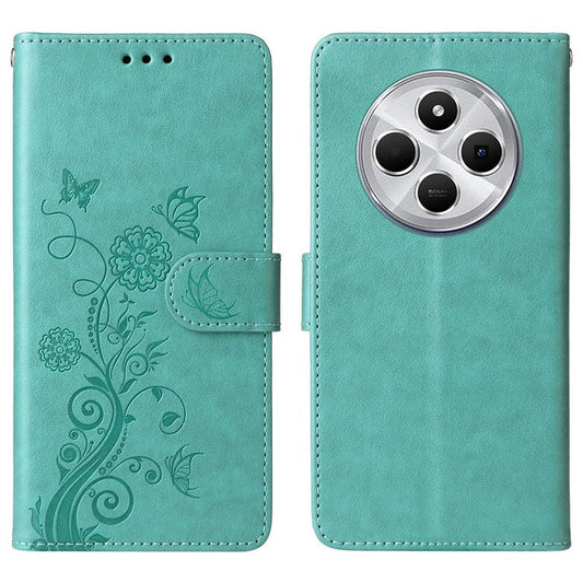 For Xiaomi Poco C75 4G / Redmi 14R 5G / 14C 4G Leather Case Butterfly Floral Imprint Wallet Stand Cover - Green
