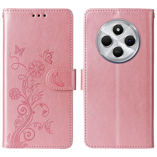 For Xiaomi Poco C75 4G / Redmi 14R 5G / 14C 4G Leather Case Butterfly Floral Imprint Wallet Stand Cover - Pink