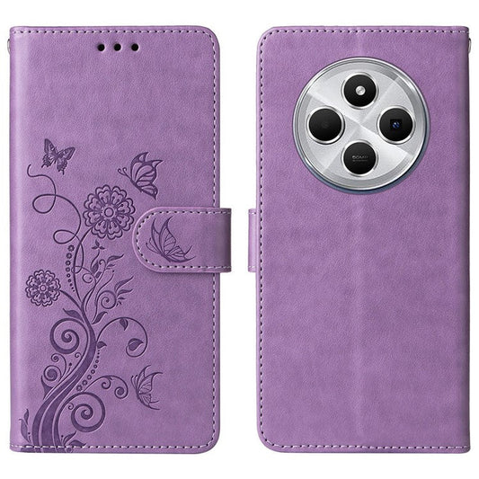 For Xiaomi Poco C75 4G / Redmi 14R 5G / 14C 4G Leather Case Butterfly Floral Imprint Wallet Stand Cover - Purple