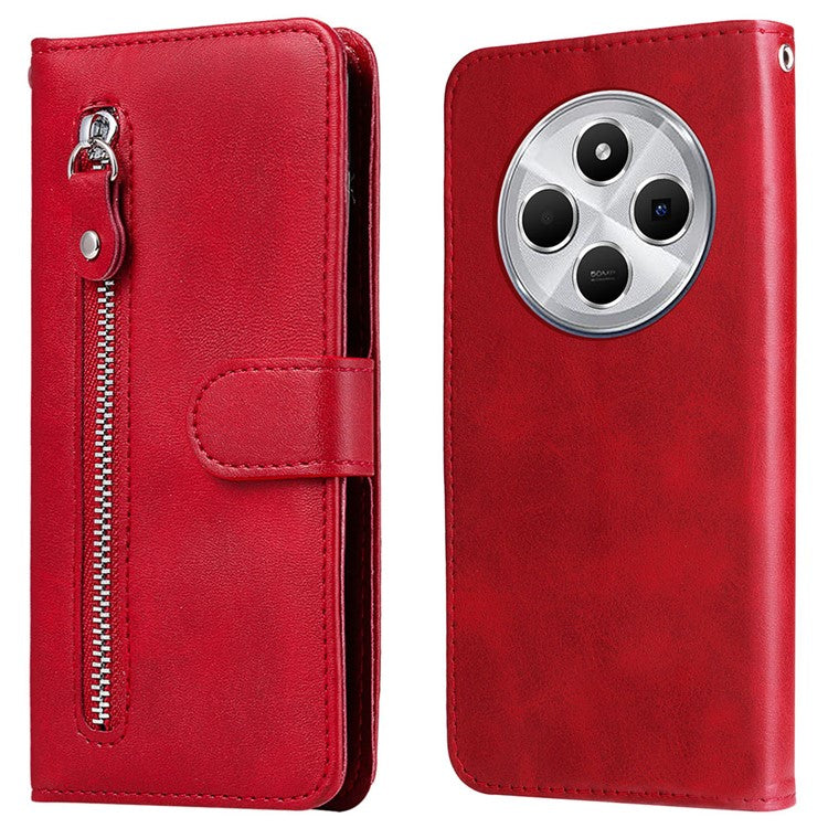 For Xiaomi Poco C75 4G / Redmi 14R 5G / 14C 4G Case Zipper Wallet Calf Texture PU Leather Phone Cover - Red