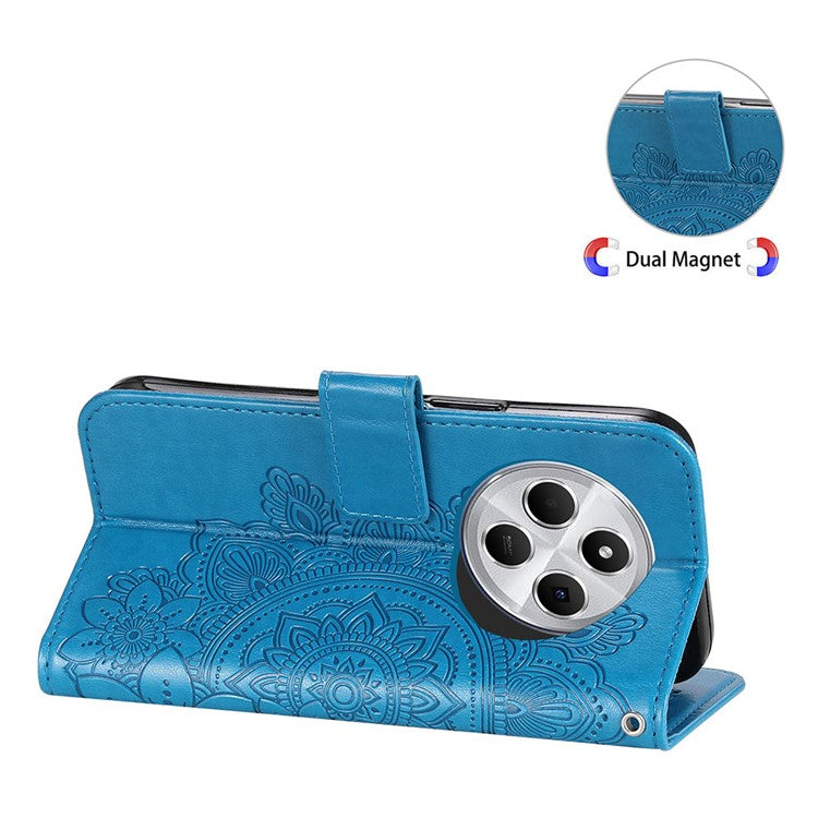 For Xiaomi Poco C75 4G / Redmi 14R 5G / 14C 4G Case PU Leather Wallet Floral Phone Cover Stand View - Blue