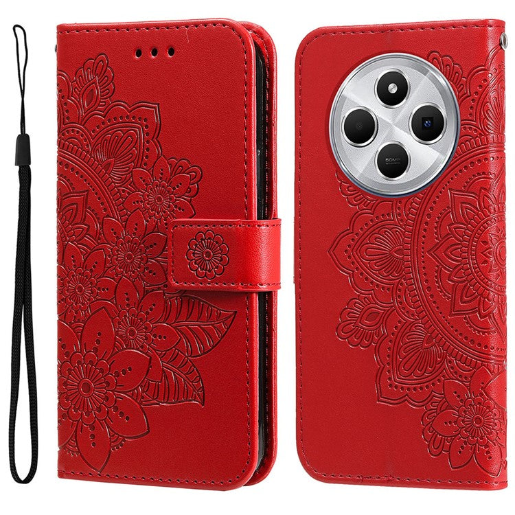 For Xiaomi Poco C75 4G / Redmi 14R 5G / 14C 4G Case PU Leather Wallet Floral Phone Cover Stand View - Red