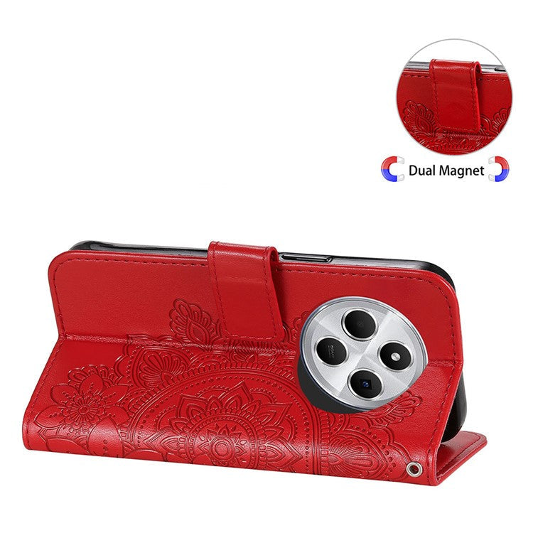For Xiaomi Poco C75 4G / Redmi 14R 5G / 14C 4G Case PU Leather Wallet Floral Phone Cover Stand View - Red