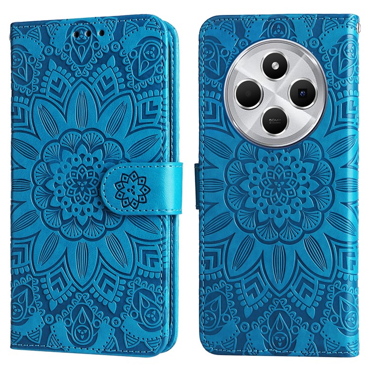 For Xiaomi Poco C75 4G / Redmi 14R 5G / 14C 4G Case Sunflower Imprint Leather Wallet Phone Cover - Blue
