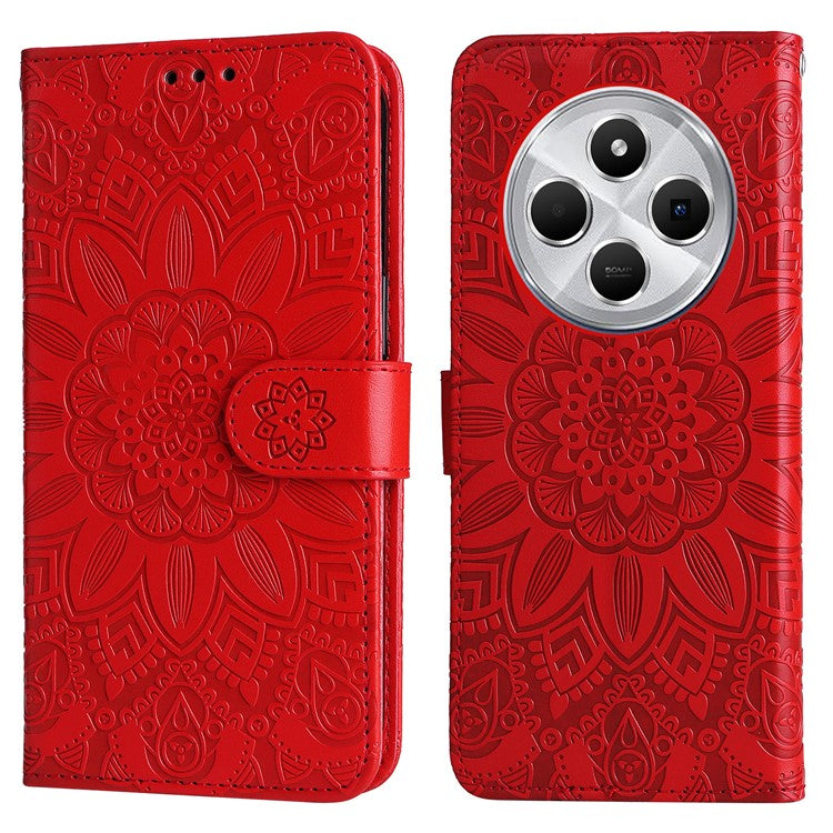 For Xiaomi Poco C75 4G / Redmi 14R 5G / 14C 4G Case Sunflower Imprint Leather Wallet Phone Cover - Red